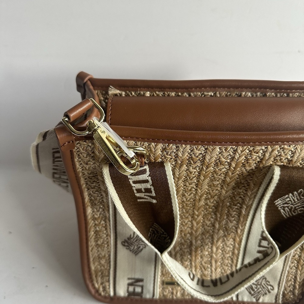 Steve Madden Bwebber Straw Satchel Crossbody Logo Bag Cognac 9" With Small Pouch - Picture 3 of 11